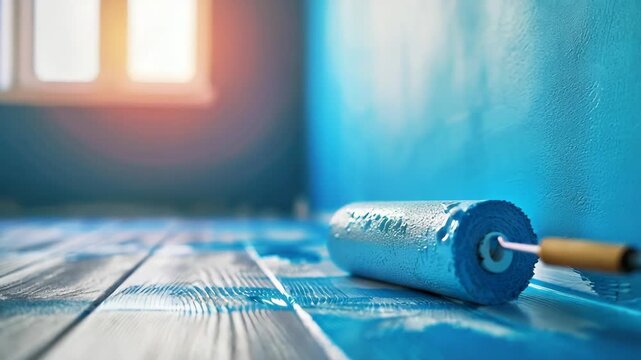 Paint roller applying blue color during home renovation