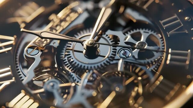 Golden antique skeleton watch mechanism ticking