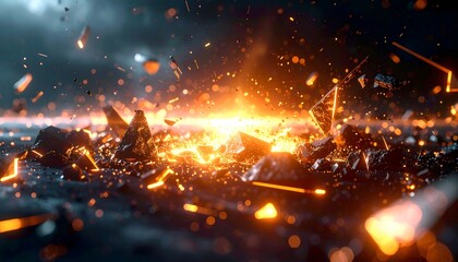 Intense explosion of fiery light and debris across a dark landscape