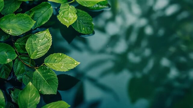 Raindrops falling on water surface next to green leaves