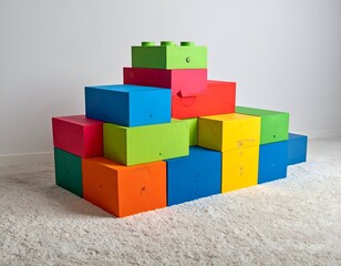 Colorful rectangular building blocks stacked on a white carpet, creative design