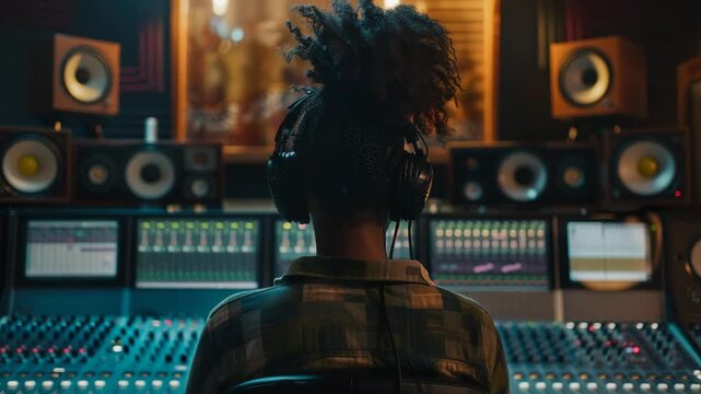 Female audio engineer working on a mixing console in a recording studio