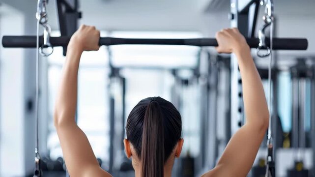 Fitness Focus: A woman concentrates as she grips a bar during exercise in a gym, embodying strength, determination and a commitment to personal well-being.