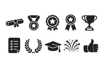 Achievements and awards solid icon set. Diploma, trophy, medal icon collection