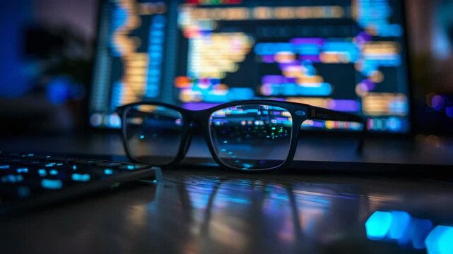 Eyeglasses reflecting computer code on a programmer's desk
