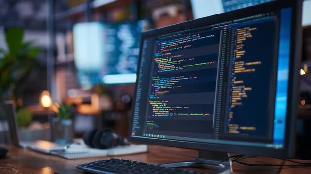 Close up of code scrolling on a computer monitor screen