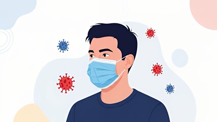 Illustration of a man wearing a face mask with virus particles
