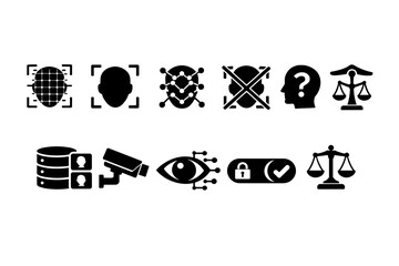 Facial recognition solid icon set. Security, privacy, identification icons collection.