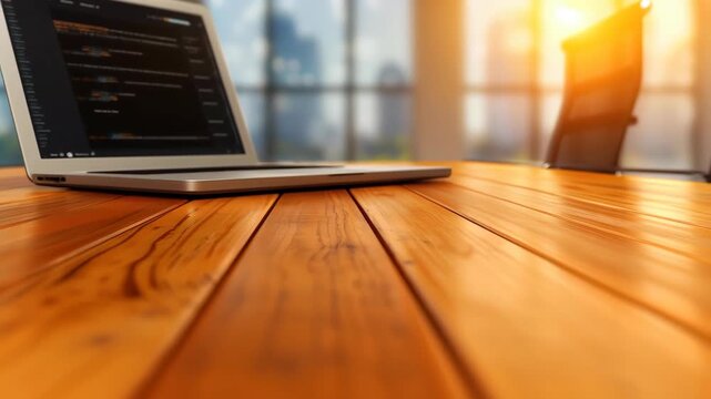 Workspace with City View: A modern laptop rests on a polished wooden desk, its screen displaying code, set against a sunlit window with a city skyline, inviting productivity and innovation.