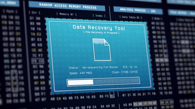 Data recovery process screen on cloud storage server, database protection backup for restore secure file sharing network, cyber security software technology, retro binary computer repair monitor UI