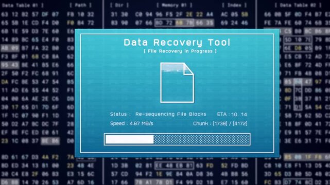 Data recovery process screen on cloud storage server, database protection backup for restore secure file sharing network, cyber security software technology, retro binary computer repair monitor UI