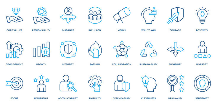 Core Value icon set. Containing leadership, responsibility, guidance, integrity, passion, collaboration icon. Outline Color style