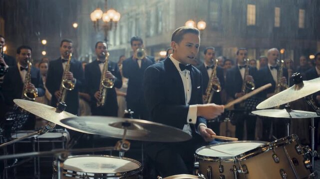 A focused male drummer in a tuxedo performs with a big band or orchestra on a rainy city street at night. Professional musical performance featuring saxophone players in the background