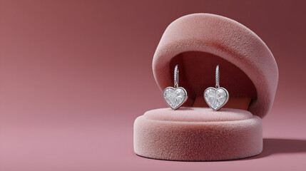 Heart-shaped earrings displayed in a soft pink velvet jewelry box on a pastel background