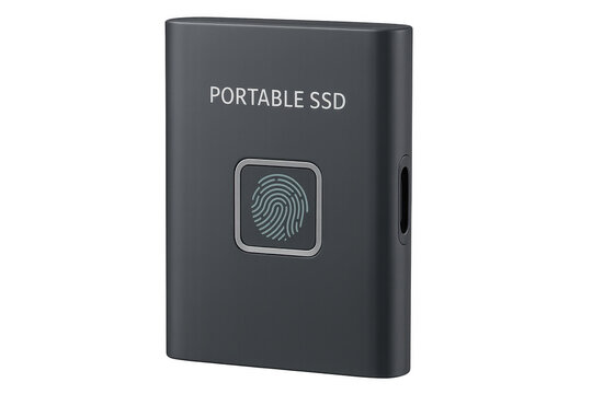 Portable ssd drive with fingerprint security on transparent background