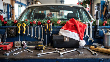 Fototapeta premium Toolbox with Christmas hat and tools on wooden workbench for New Year