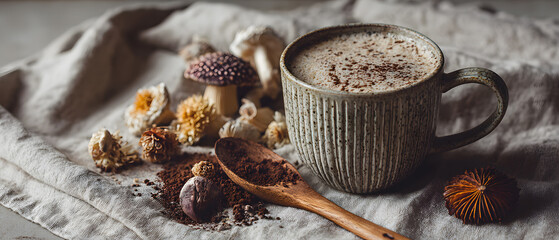 Cozy coffee cup with mushrooms and spices on textured fabric background for warm ambiance