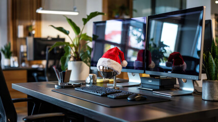 Christmas holiday desk setup with keyboard, mouse, and festive decorations