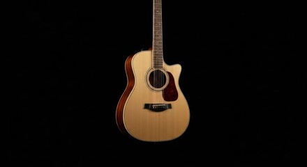 Naklejka premium Acoustic guitar, natural finish, floating in space, set against a black background