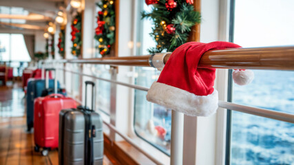 Red Santa hat is draped on railing beside colorful luggage in holiday cruise setting