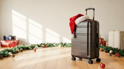 Black suitcase with Christmas hat surrounded by holiday decorations