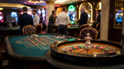 Roulette table with playing cards and chips in a luxurious casino environment filled with guests