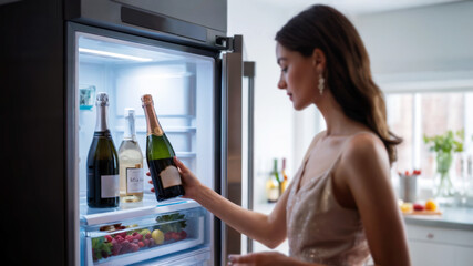 Young woman selecting sparkling wine from a refrigerator filled with fresh fruits and beverages