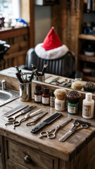 Barber tools arranged on wooden table with Christmas hat in background