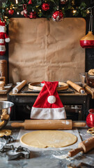 Christmas baking scene with rolling pin and festive decorations in kitchen