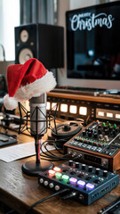 Microphone adorned with a Santa hat, surrounded by festive ornaments and headphones, creating a cheerful atmosphere for New Year celebrations