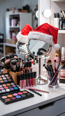 Makeup vanity with festive Santa hat and colorful cosmetics for New Year