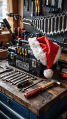 Toolbox with Christmas hat and tools on wooden workbench for New Year