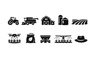 Agriculture silhouette icon set. Farming, equipment, barns icons silhouette collection