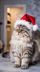 Fluffy cat wearing Santa hat with festive lights in cozy holiday setting
