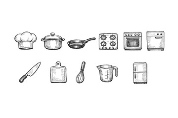 Cooking, kitchen tools outline icon set. Chef hat, stove, utensils outline collection