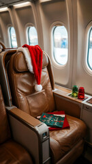 Cozy airplane seat decorated for Christmas vacation with holiday cheer