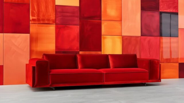 Red Sofa in the Room: A striking red sofa sits against a vibrant wall composed of multiple shades of red, embodying a modern interior design aesthetic and inviting ambiance.