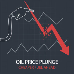 Obraz premium Oil price plunge and falling fuel costs indicated by downward trending graph and gas pump