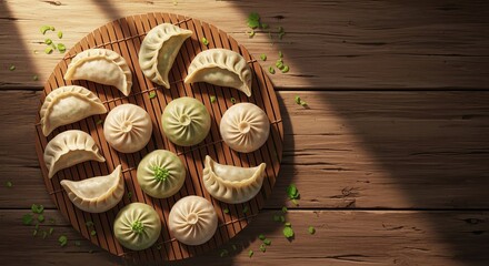 Chinese dumplings and buns on wooden steamer tray