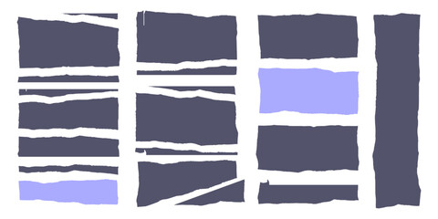 Collection of ripped paper fragments with ragged edges for collage, scraps for scrapbook, note and banner templates. Vector shapes of torn paper pieces for social media and graphic design.