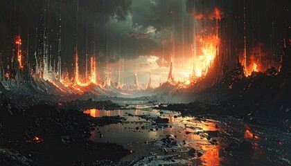 Fiery landscape with towering structures, river, under ominous skies