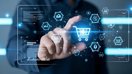 Fototapeta premium Digital Shopping Cart Icon with Futuristic Technology Interface for E-commerce and Online Shopping
