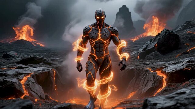 A cinematic portrait of a powerful humanoid creature made of cracked stone with glowing orange energy flowing through its body, walking through a desolate volcanic environment