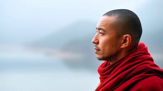 Serene Contemplation: Portrait of a contemplative figure draped in traditional attire, set against a blurred mountainous landscape, radiating a sense of profound peace and inner reflection.
