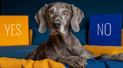 A thoughtful dog poses in front of vibrant colored signs reading YES and NO, showcasing its expressive nature and playful charm.