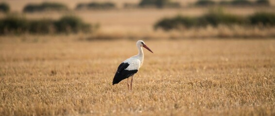 Fototapeta premium Single elegant white stork with black wings and a red beak stands alone in a golden harvested stubble field during a warm, serene sunset with a blurred background