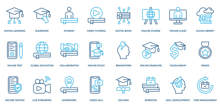 Digital Learning icon set. Containing e-learning, digital book, online test, global education, scholarship, grade, semester icons. Outline Color style