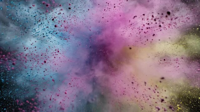 Colored powder burst in slow motion. A slow-motion burst of colored powder expands outward against a dark background, revealing fine particles and rich color separation.