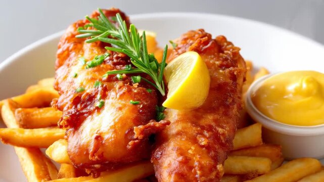 Golden Crispy Delight: A mouthwatering plate of fish and chips, garnished with fresh rosemary and a lemon wedge, alongside a dollop of creamy sauce, promising a delightful culinary experience.