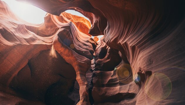 Wavy red sandstone walls of a narrow slot canyon glow in the warm sunlight streaming from the opening above, illuminating floating dust particles and creating a magical lens flare - Powered by Adobe
